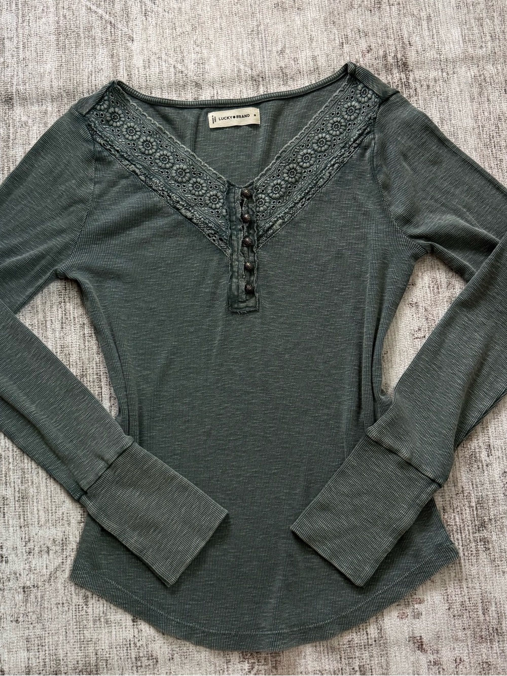 Lucky Brand Olive Green Lace-Trim Henley Long Sleeve Top